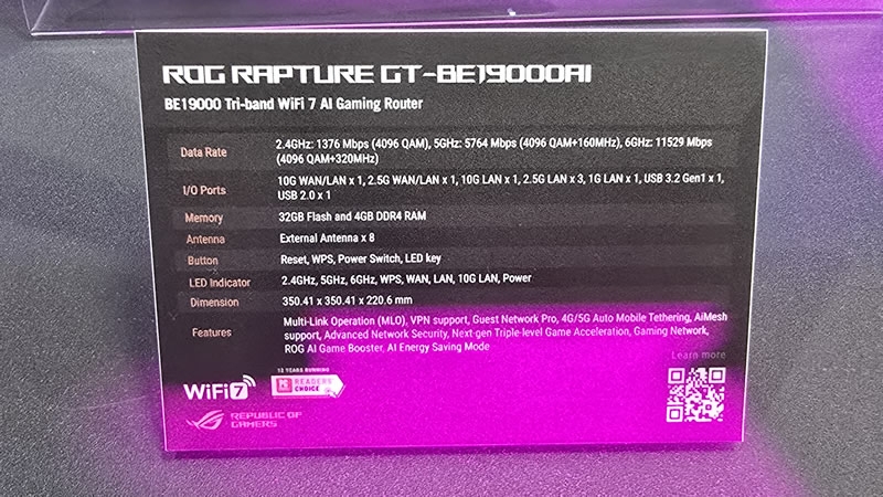 Asus представила флагманский Wi-Fi-роутер ROG Rapture GT-BE19000AI со встроенным ИИ для геймеров
