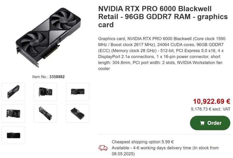 Профессиональная видеокарта Nvidia RTX Pro 6000 Blackwell Workstation Edition с 96 Гбайт GDDR7 поступила в продажу за €9000