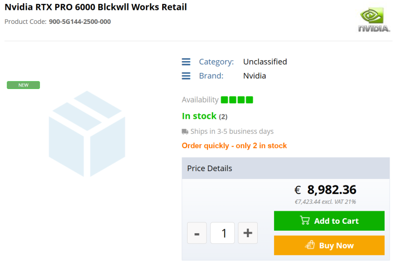 Профессиональная видеокарта Nvidia RTX Pro 6000 Blackwell Workstation Edition с 96 Гбайт GDDR7 поступила в продажу за €9000
